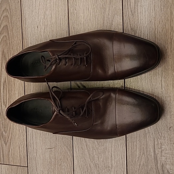 HUGO BOSS Dark Brown Leather Lace Up Sz 7 Mens Oxford Cap Toe Dress Shoes - Picture 2 of 8